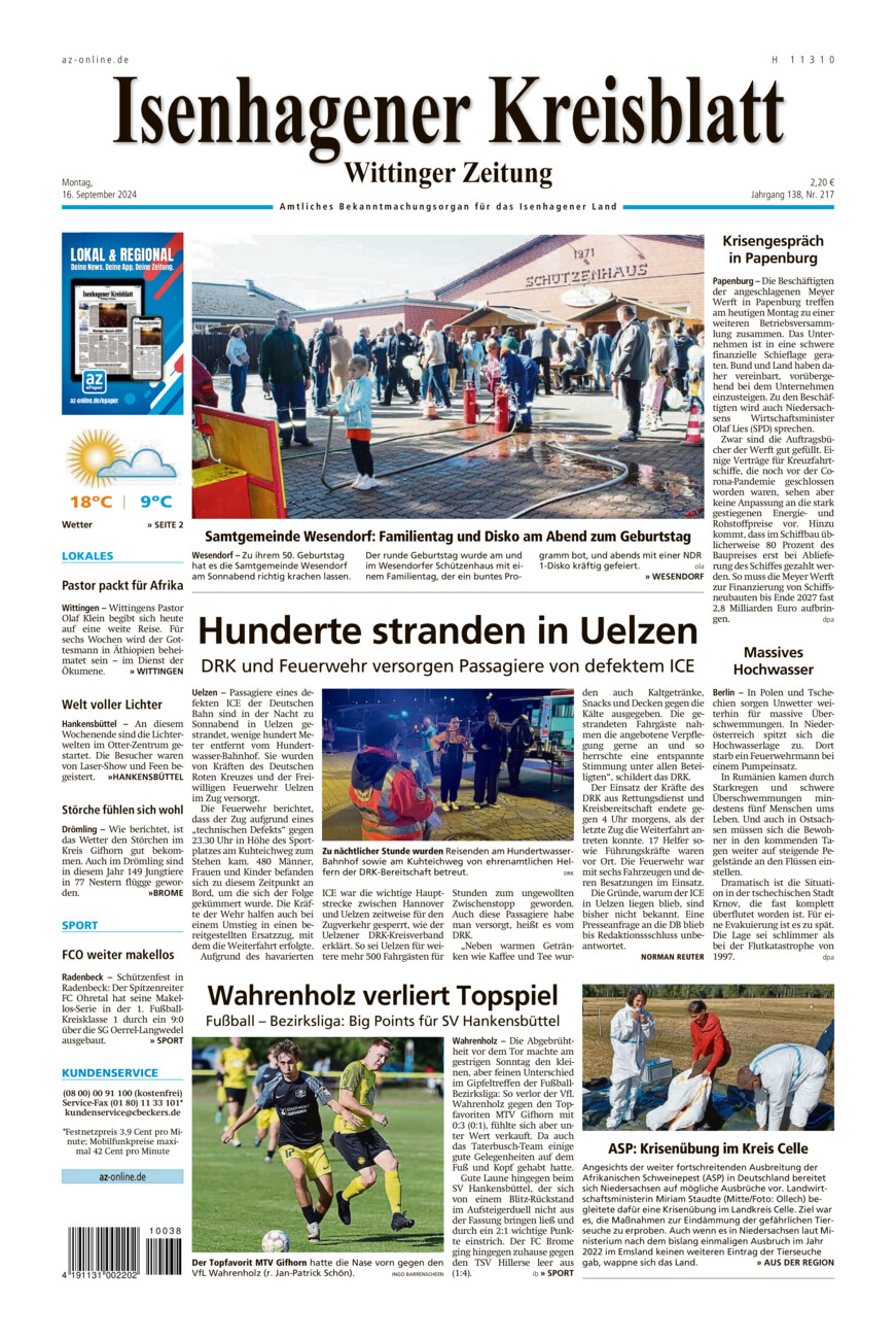 Isenhagener Kreisblatt vom Montag, 16.09.2024