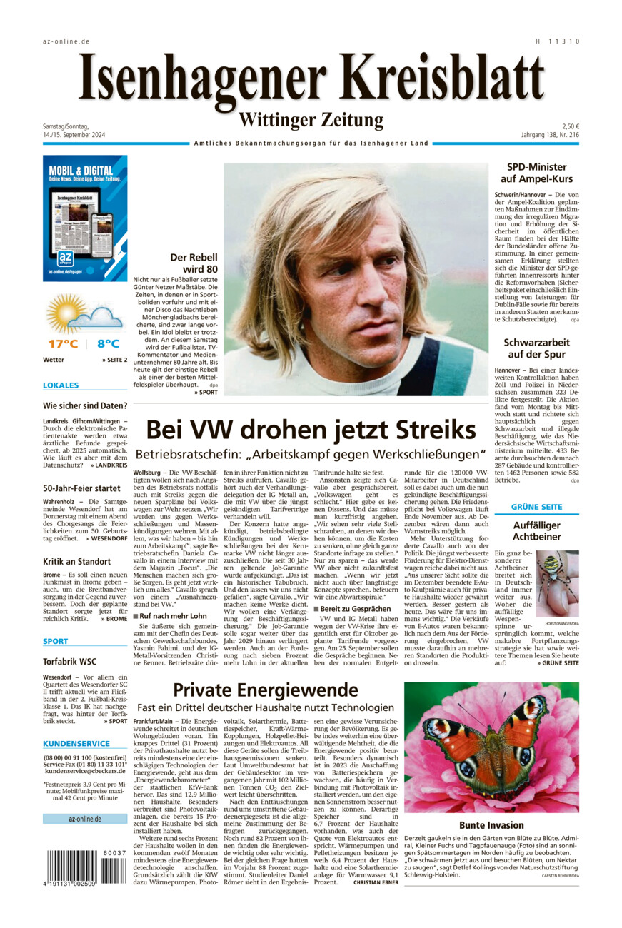 Isenhagener Kreisblatt vom Samstag, 14.09.2024