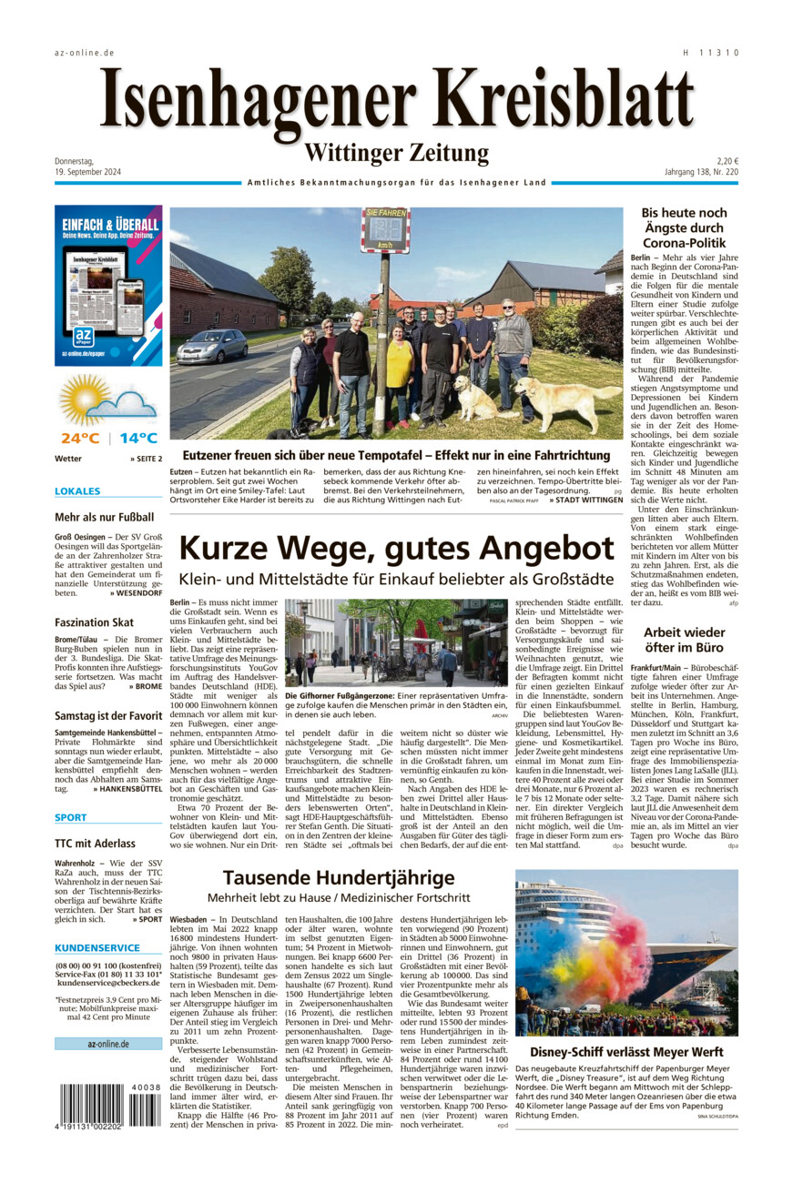 Isenhagener Kreisblatt vom Donnerstag, 19.09.2024