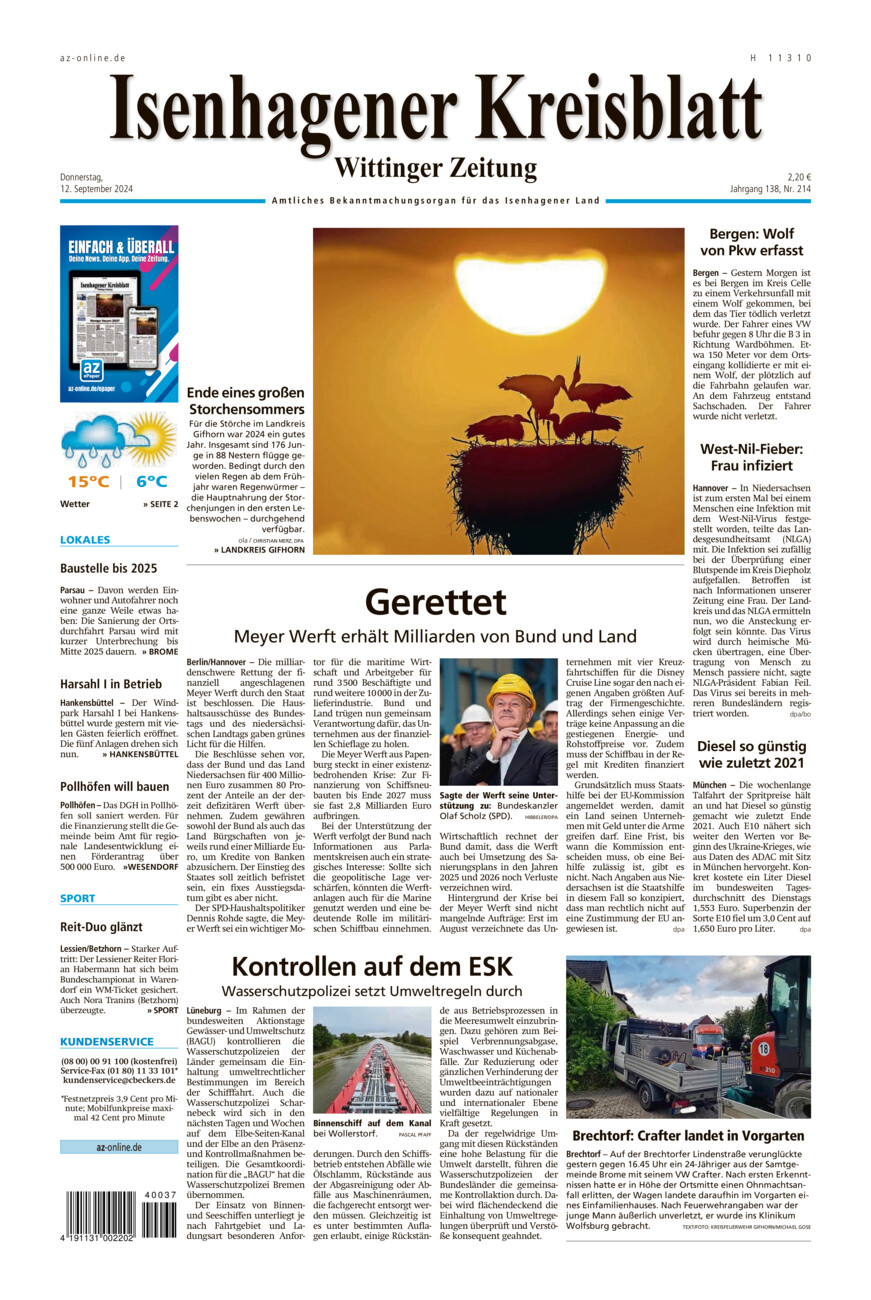 Isenhagener Kreisblatt vom Donnerstag, 12.09.2024