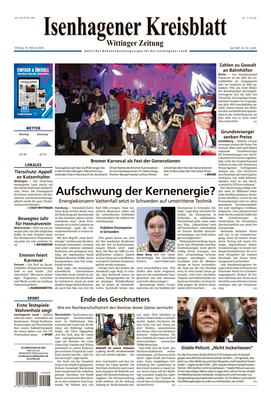 Isenhagener Kreisblatt vom Montag, 16.02.2026