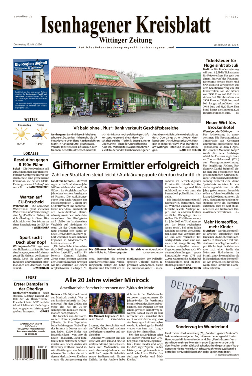 Isenhagener Kreisblatt vom Donnerstag, 19.03.2026
