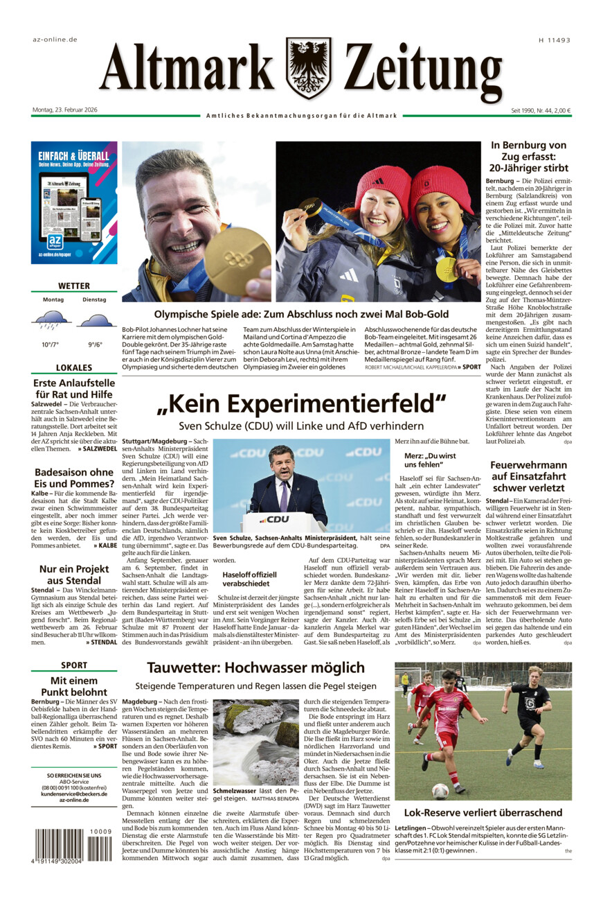 Altmark Zeitung vom Montag, 23.02.2026