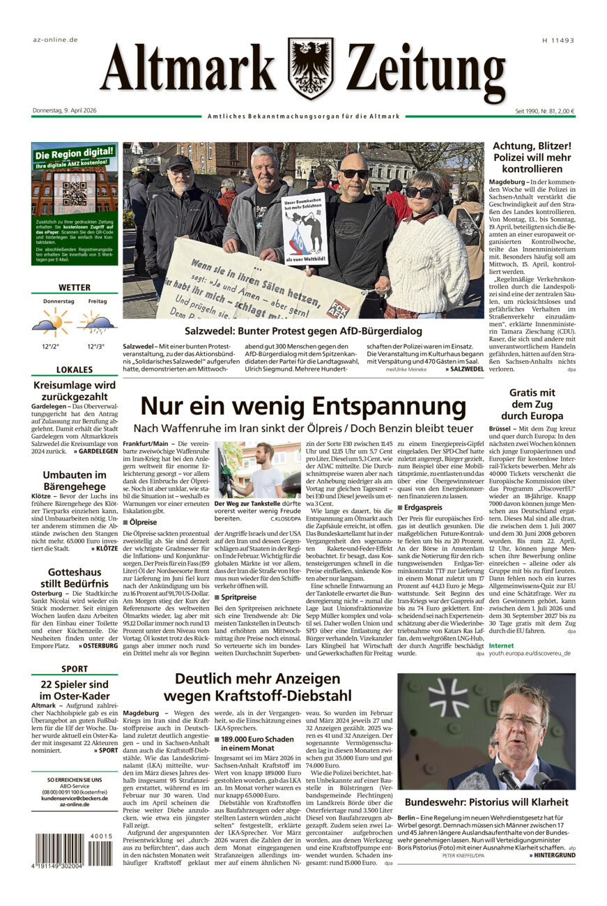 Altmark Zeitung vom Donnerstag, 09.04.2026