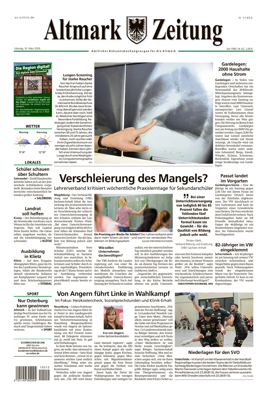 Altmark Zeitung vom Montag, 16.03.2026