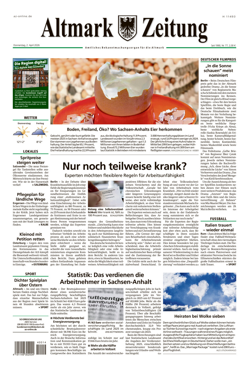 Altmark Zeitung vom Donnerstag, 02.04.2026
