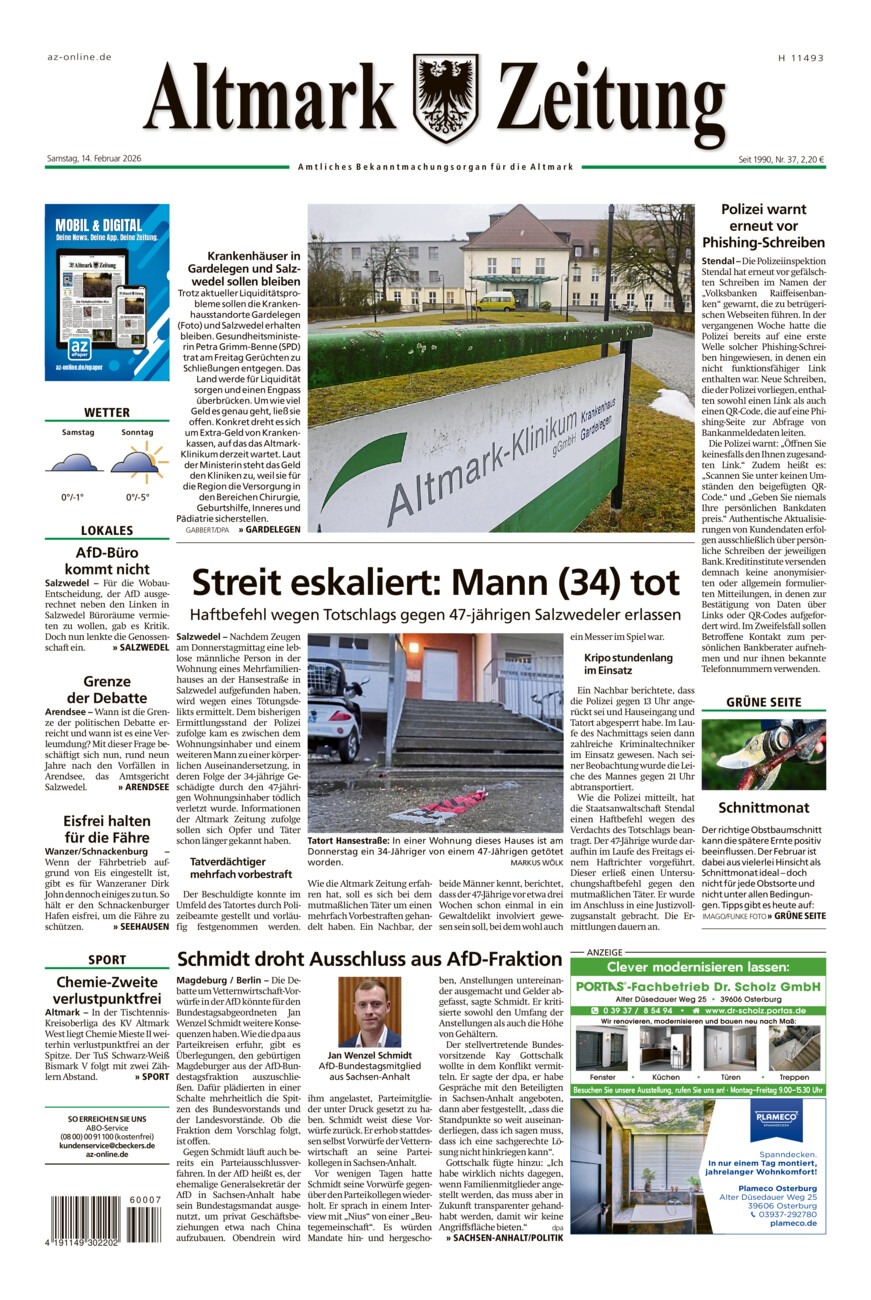 Altmark Zeitung vom Samstag, 14.02.2026