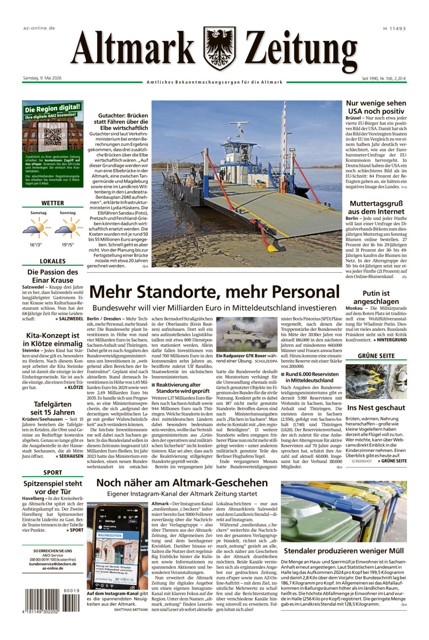 Altmark Zeitung vom Samstag, 09.05.2026