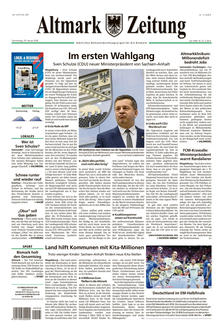 Altmark Zeitung vom Donnerstag, 29.01.2026