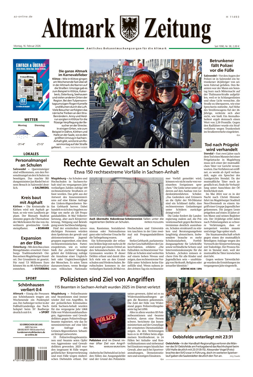 Altmark Zeitung vom Montag, 16.02.2026