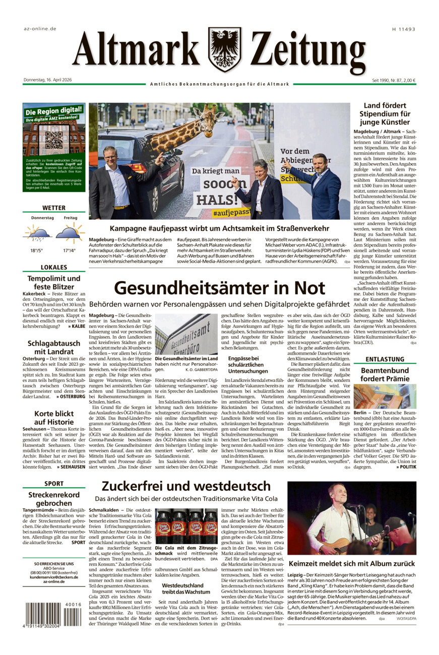 Altmark Zeitung vom Donnerstag, 16.04.2026