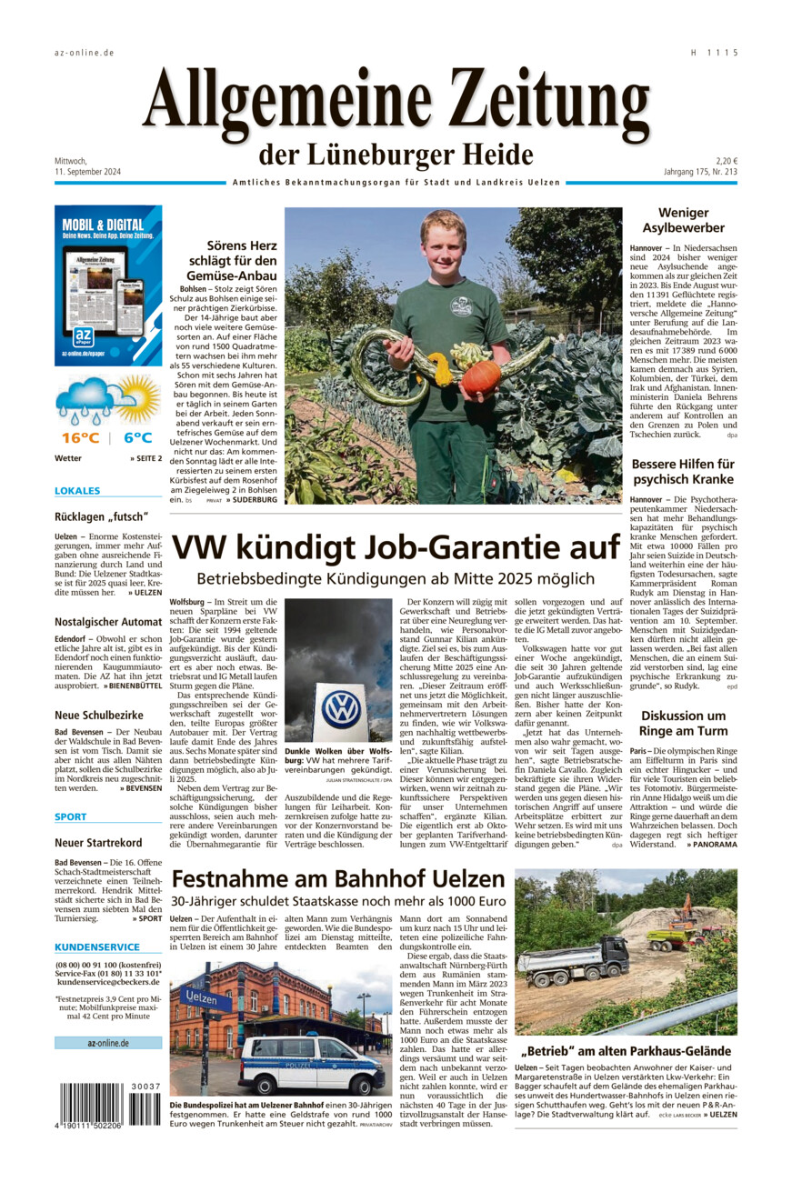 Allgemeine Zeitung vom Mittwoch, 11.09.2024