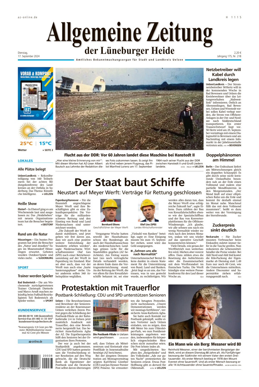 Allgemeine Zeitung vom Dienstag, 17.09.2024