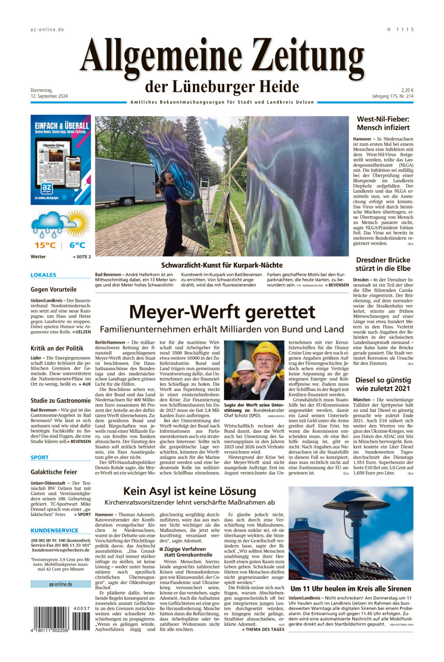 Allgemeine Zeitung vom Donnerstag, 12.09.2024